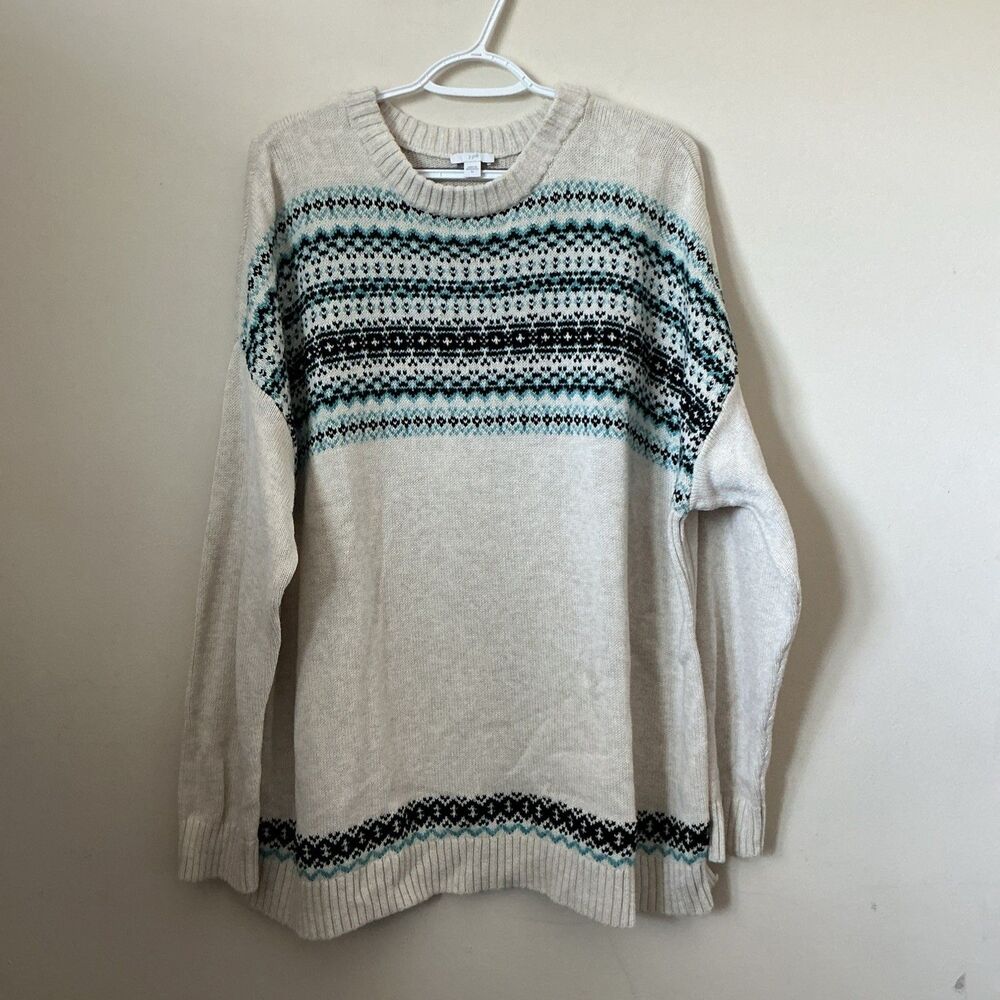 J. Jill Relaxed Fair Isle Sweater Crewneck Cotton Blend Oatmeal Teal Size XL